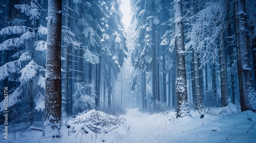 Snow-covered forest in winter: peaceful scene with frosted trees and a silent, snowy path © Vilayat