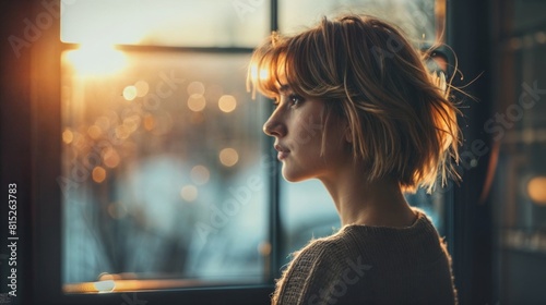 Young woman looking out the window at sunset. Girl in a sweater