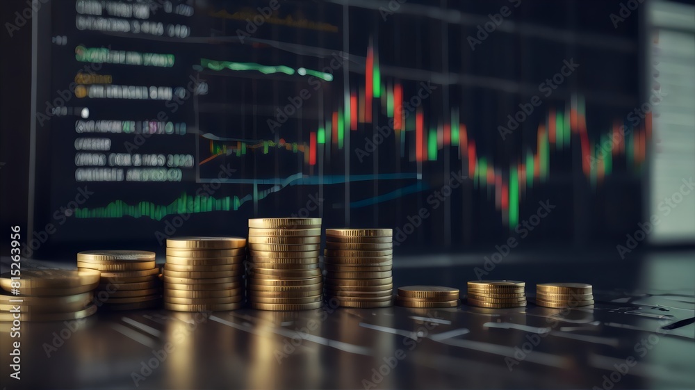 An economic finance and investment background featuring a combination of coins and a graph An economic finance and investment background featuring a combination of coins and a graph