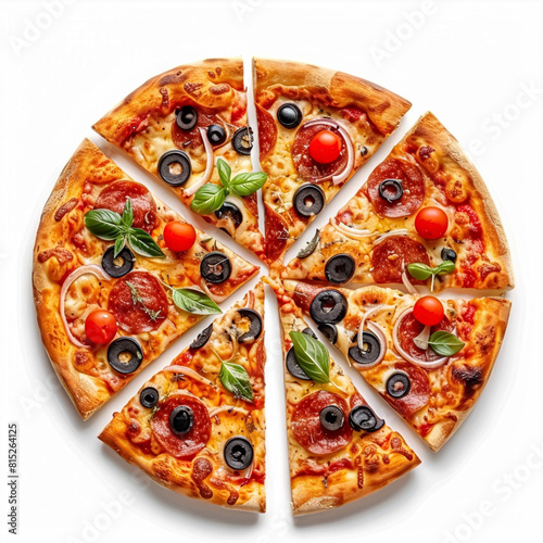 Pizza isolated on white background, online delivery from pizzeria, take away and fast food concept photo