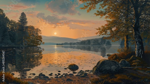 Tranquil lake at sunset with reflection, serene landscape with sky