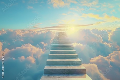Stairway leading to the sky through clouds at sunrise