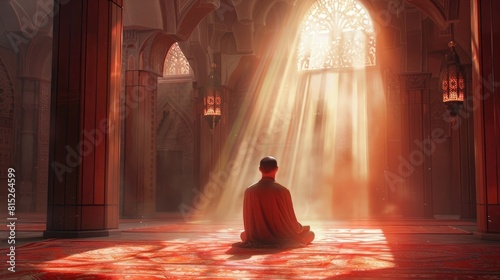 back view a muslim man praying in a mosque with sunlight coming in realistic