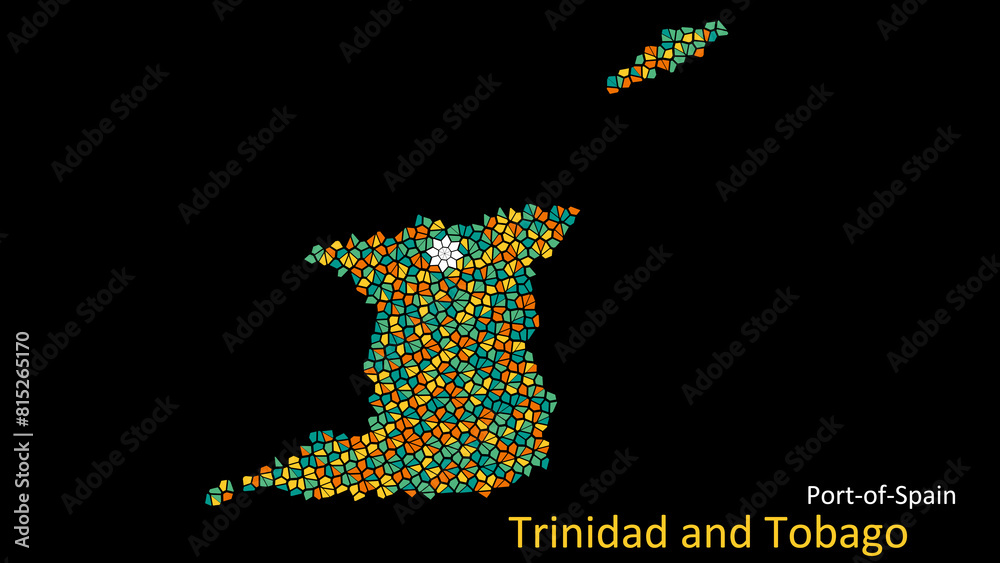 Obraz premium A map of Trinidad and Tobago is presented as a mosaic with a dark background, and the country's borders are outlined in the shape of a colorful mosaic, centered around the capital city.