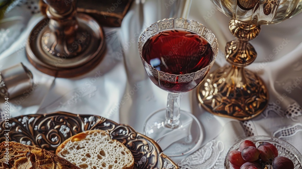 The image captures the essence of The Feast of Corpus Christi with a sacred communion and a glass filled with rich red wine placed elegantly on the table The image captures the essence of The Feast of Corpus Christi with a sacred communion and a glass filled with rich red wine placed elegantly on the table
