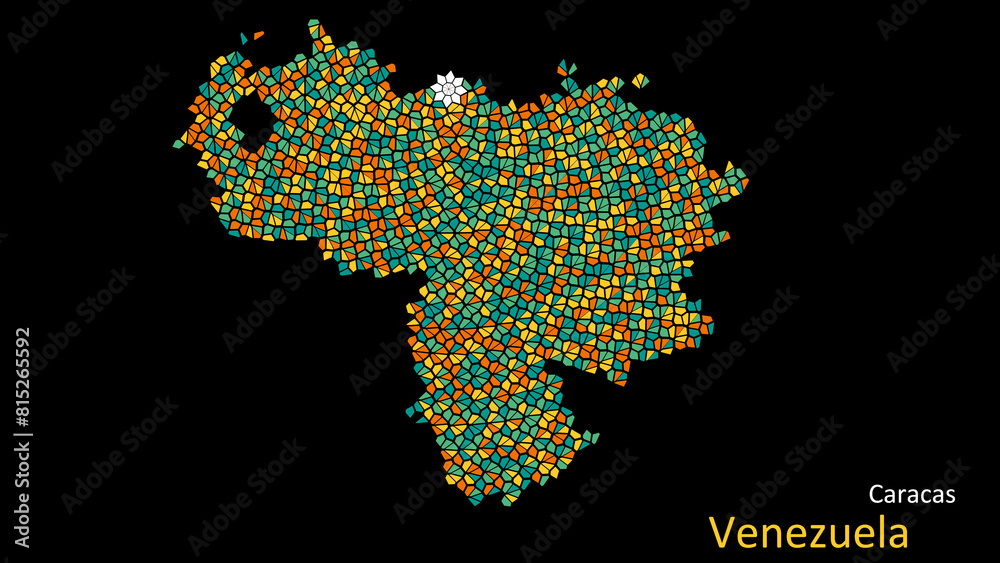 Obraz premium A map of Venezuela is presented as a mosaic with a dark background, and the country's borders are outlined in the shape of a colorful mosaic, centered around the capital city.