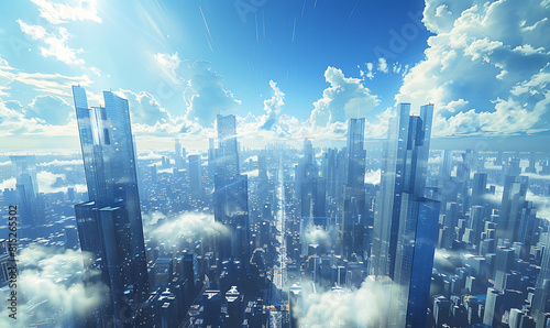 illustration of a futuristic city landscape with towering skyscrapers