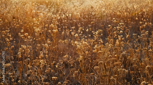 Field in autumn with deadwood, dried flower. Wilted nature before winter. Golden colors, shades of brown. Natural background or texture