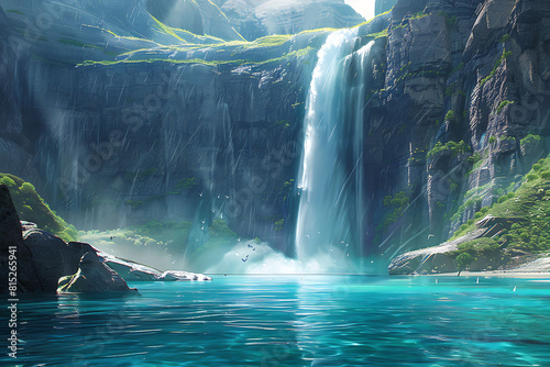 Illustration of a majestic waterfall flowing into a turquoise pool