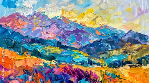 Vivid mountain landscape painting  rich in colors and textures  ideal for decor