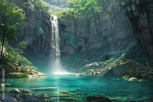 Illustration of a majestic waterfall flowing into a turquoise pool