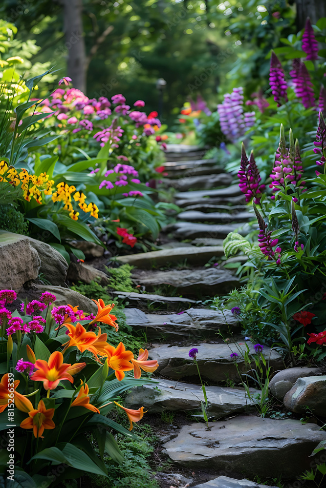 photo of an enchanting garden blooming with colorful flowers photo of an enchanting garden blooming with colorful flowers