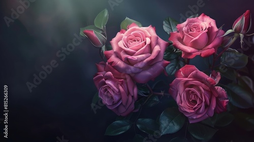Beautiful bouquet of pink roses flowers on a dark realistic