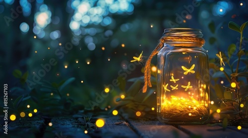 Beautiful fireflies inside tha glass jar realistic