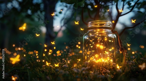 Beautiful fireflies inside tha glass jar realistic photo