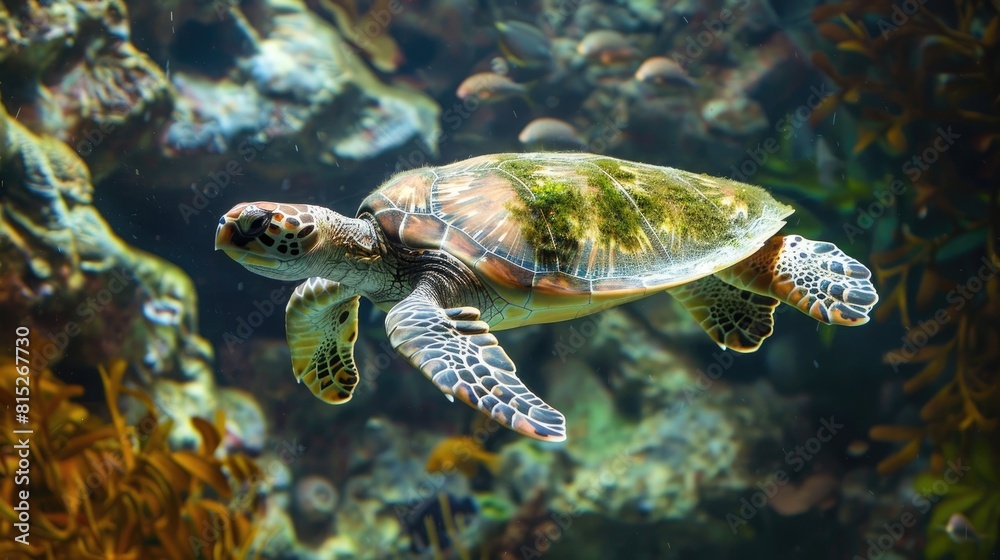 A graceful turtle elegantly swims through the vibrant waters of the Texas State Aquarium in Corpus Christi A graceful turtle elegantly swims through the vibrant waters of the Texas State Aquarium in Corpus Christi