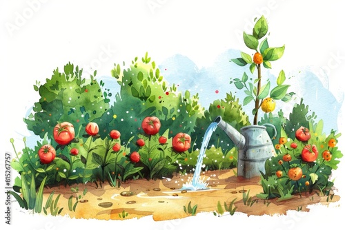 Smart irrigation depicted in watercolor, conserving water efficiently, isolated background. photo