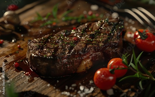 a steak with a red sauce and tomatoes on it