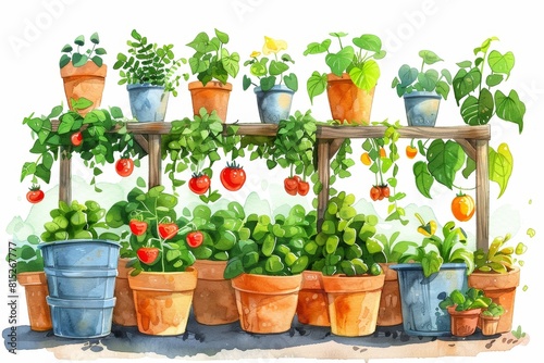 Space-maximizing vertical farms in urban watercolor art  with isolated background.