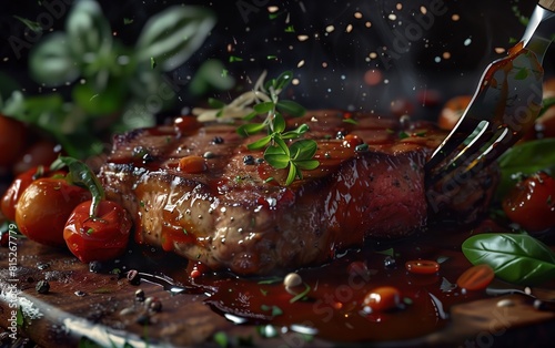 a steak with a red sauce and tomatoes on it