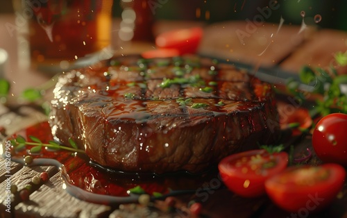 a steak with a red sauce and tomatoes on it