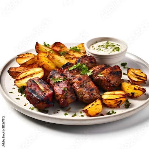 Turkish Urfa Kebab with roasted potatoes on white background.