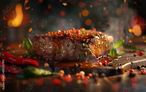 a steak with a red sauce and tomatoes on it