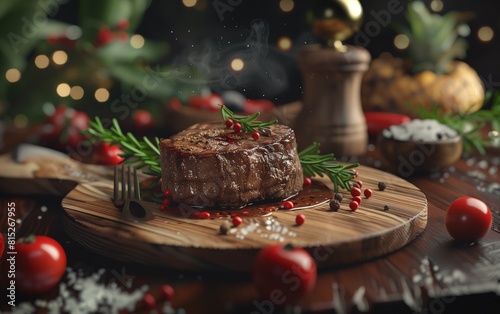 a steak with a sprig of herbs on top of it