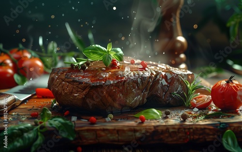 a steak with a red sauce and tomatoes on it