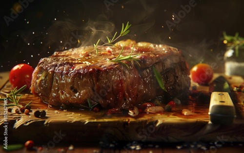 a steak with a sprig of herbs on top of it