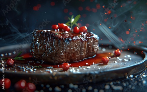 a steak with a red sauce and tomatoes on it