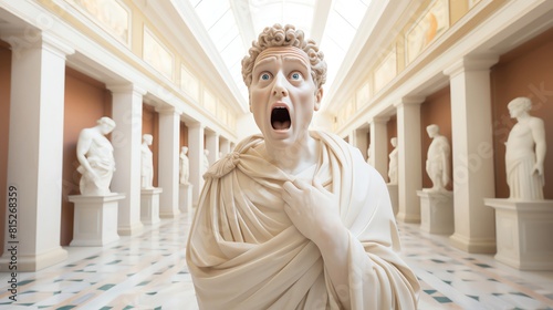 Playful marble sculpture of a Roman emperor with a surprised expression, hands on cheeks, positioned in a bright museum corridor.