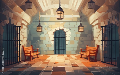 Prison cell flat design front view dungeon theme water color Tetradic color scheme. photo