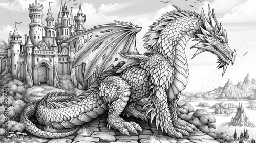 fantasy coloring book, explore a thrilling coloring adventure with brave knights riding on horseback, majestic castles, and fierce dragons breathing fire on the kingdom coloring page