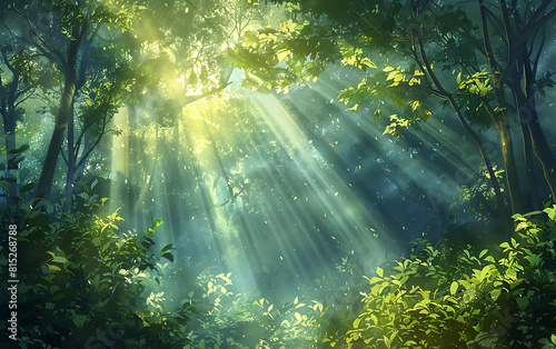 harmonious photo of sunlight penetrating the dense forest canopy