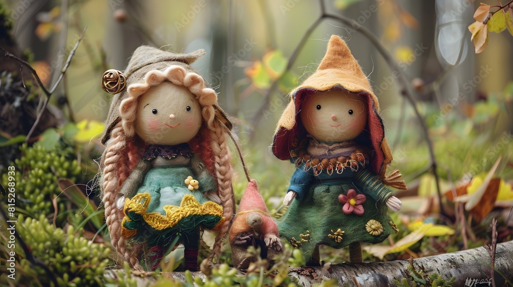 Girl friend dolls are standing in the forest, their outfits are in different colors. Toys made of wool by felting technology. Fairy-tale character. Handmade. Design for cover, card, postcard
