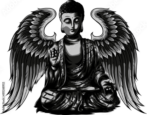 monochrome buddha with wings vector illustration design