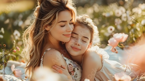 Mother and Daughter Sharing a Tender Hug on a Spring Picnic Blanket in a Lush Garden with Blooming Flowers and a Cozy Natural Backyard Setting