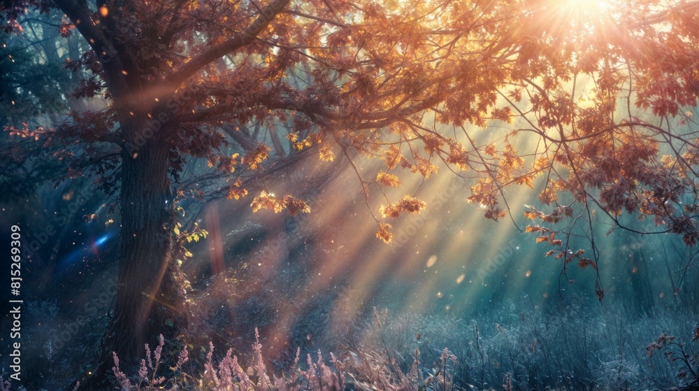 Obraz premium Foggy sunrise in the forest. Autumn landscape with sun rays