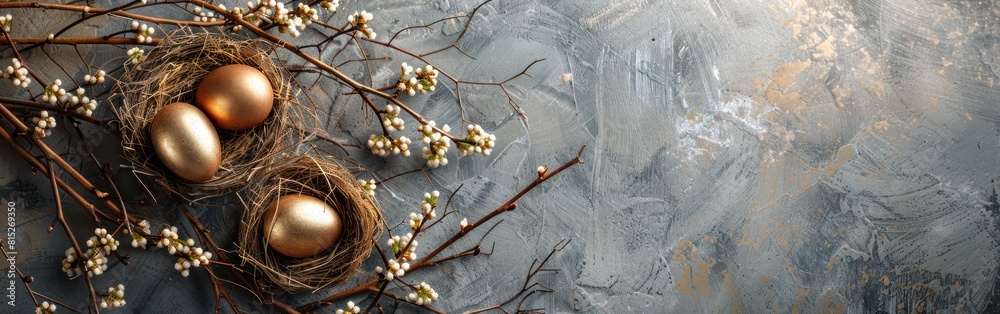 Easter Nests with Gold Painted Eggs and Catkins: A Festive Greeting Card Banner for the Happy Easter Holiday Celebration on Concrete Table Texture Easter Nests with Gold Painted Eggs and Catkins: A Festive Greeting Card Banner for the Happy Easter Holiday Celebration on Concrete Table Texture