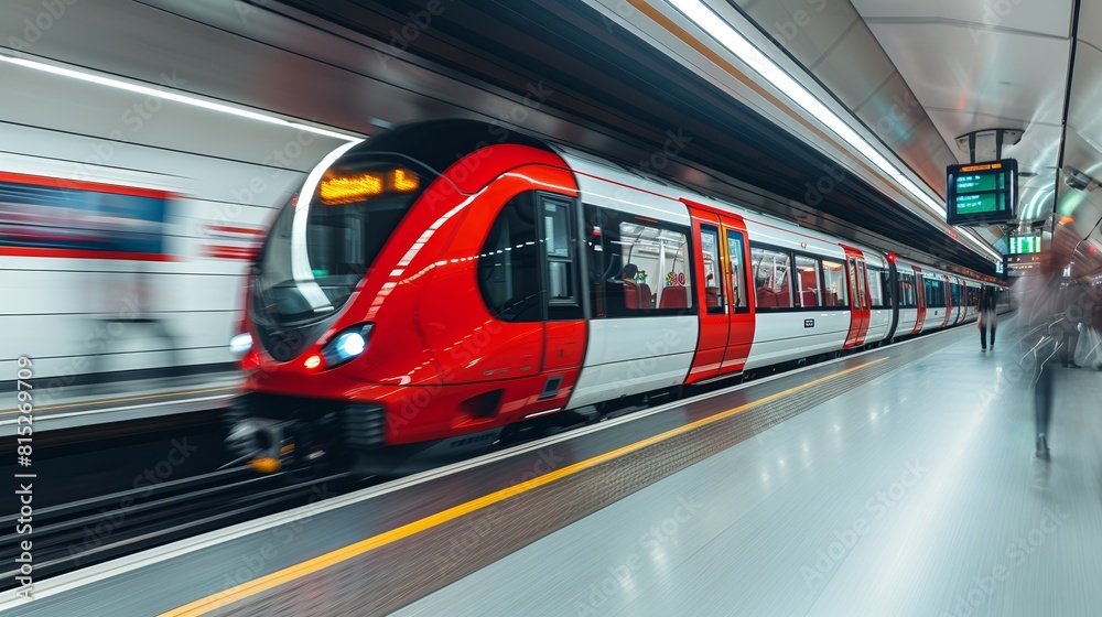 Modern red train speeding through an underground station with motion blur effect, capturing the dynamism of urban public transportation