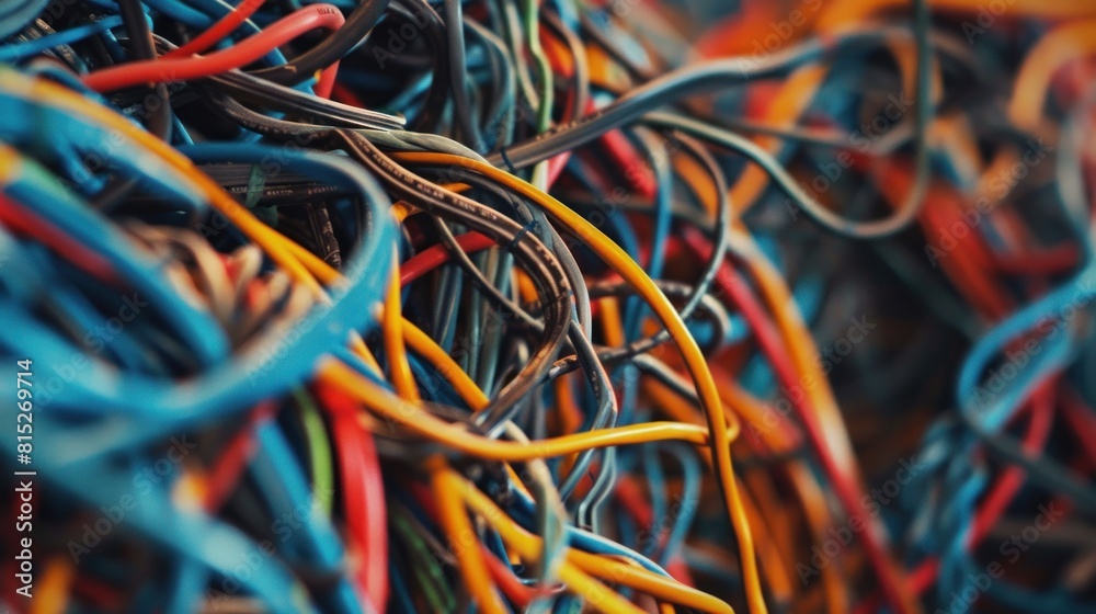 Close-up of tangled wires in a messy pile Close-up of tangled wires in a messy pile