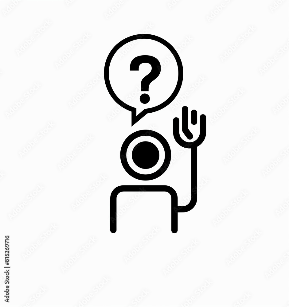 A simple flat pictogram logo depicting a person raising their hand with a speech bubble containing a question mark, with a white background A simple flat pictogram logo depicting a person raising their hand with a speech bubble containing a question mark, with a white background
