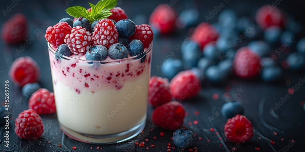 A vibrant image of a delicious yogurt parfait with raspberries, blueberries, and fresh mint, beautifully served in a clear glass against a dark backdrop A vibrant image of a delicious yogurt parfait with raspberries, blueberries, and fresh mint, beautifully served in a clear glass against a dark backdrop