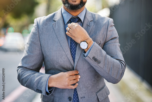 Canvas Print Businessman, professional and fashion with tie in outdoor for style or elegance as attorney