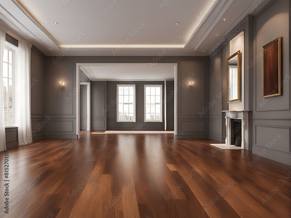 An expansive room with polished wood flooring housing a large empty picture frame for decoration design. An expansive room with polished wood flooring housing a large empty picture frame for decoration design.