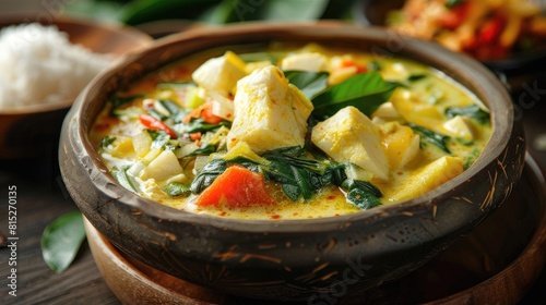 Sayur lodeh a delicious dish of vegetables cooked in coconut milk is a classic Indonesian recipe hailing from Java It is typically served in a rustic wooden bowl alongside sate and salted f photo