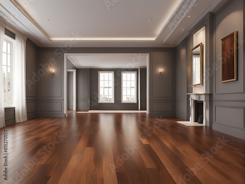  An expansive room with polished wood flooring housing a large empty picture frame for decoration design.  © Land Stock