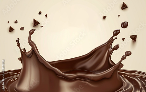 Splash melted fount of dark chocolate of beige background with copy space for advertisement photo