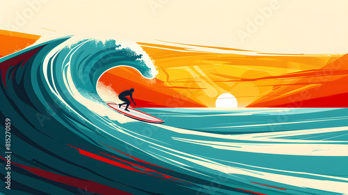 Summer surf adventure. Surfboard poised for action against rolling waves